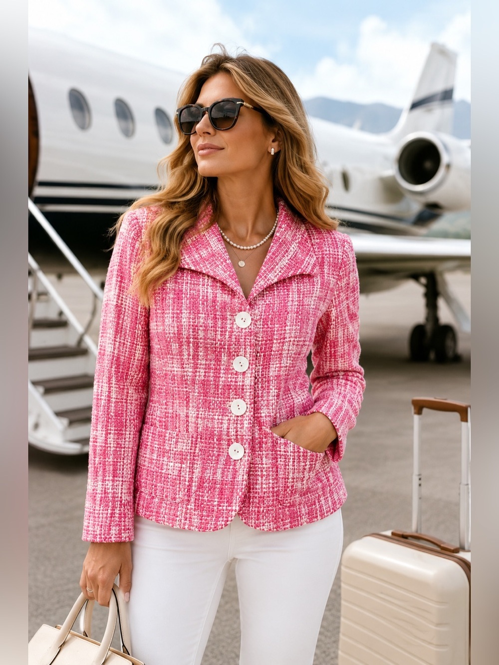Eliza J New York Pink White Tweed Blazer Jacket Petite 10 Button Front Career